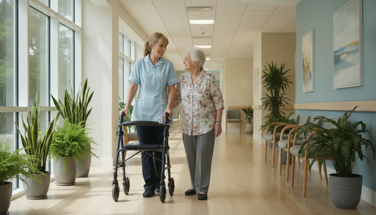 Aged care worker assisting a resident with a walking frame in a bright residential facility corridor