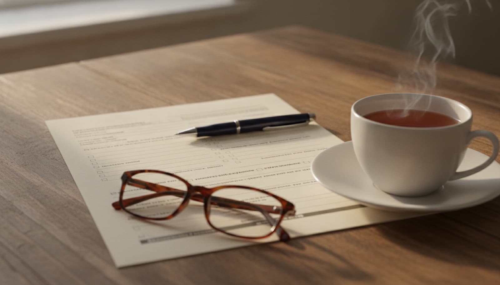 Services Australia means assessment form and a pen on a desk with reading glasses