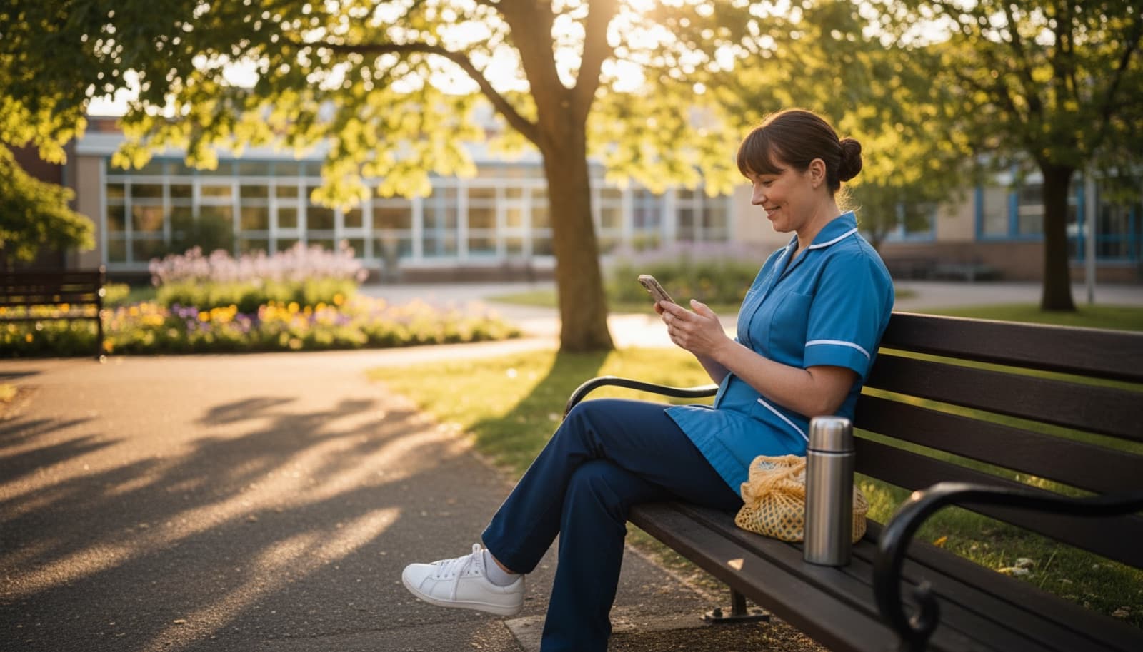 Care worker checking a payslip on her phone during a break