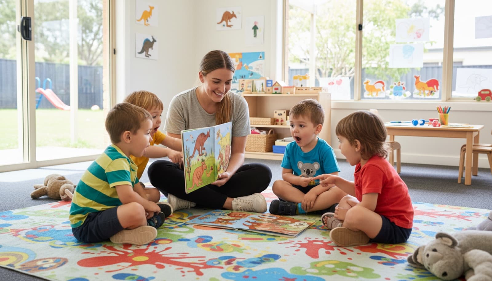 Early childhood educator reading a picture book to a small group of preschool children