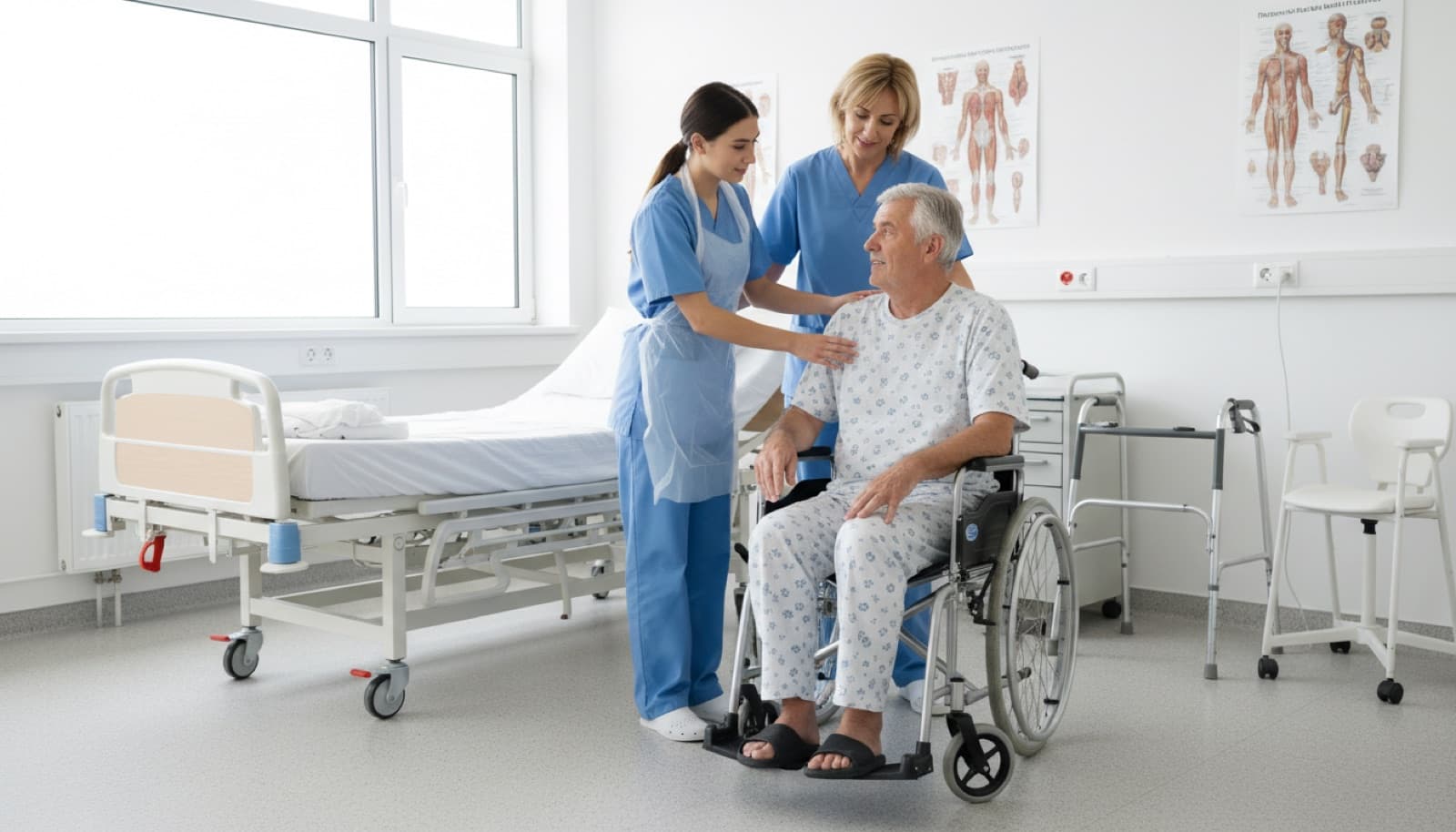 Student care worker practising a transfer with an instructor in a training lab