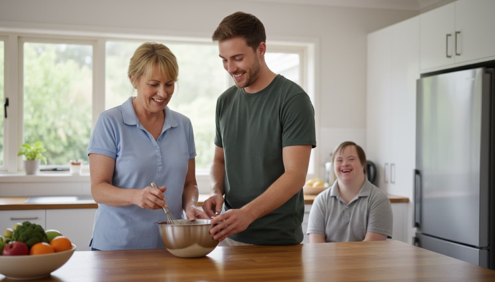 Senior disability support worker mentoring a new colleague in a supported living home