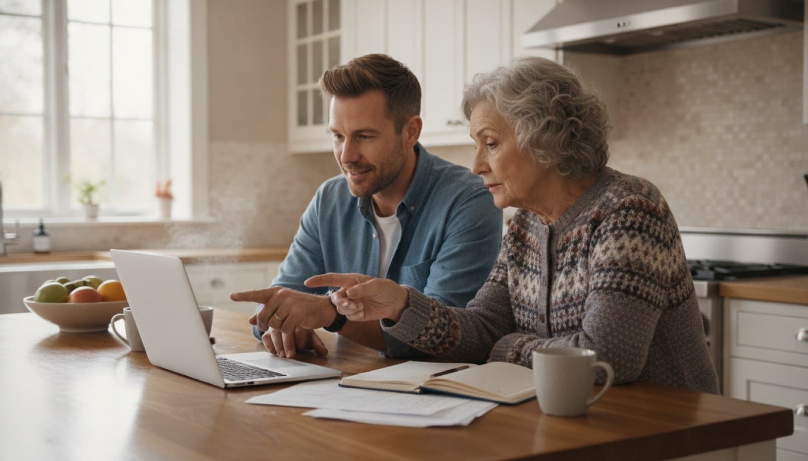 Adult son comparing aged care provider options on a laptop with his elderly mother
