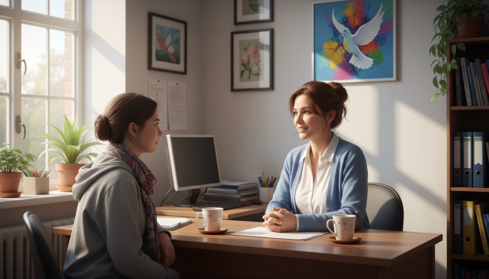 Community services worker meeting with a client in a community centre office