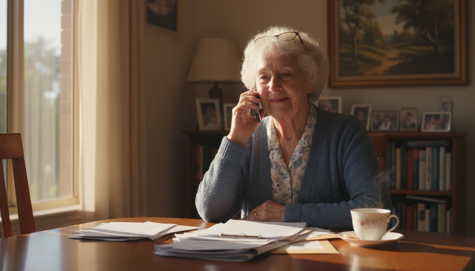 Elderly Australian woman on the phone at home with paperwork and a cup of tea