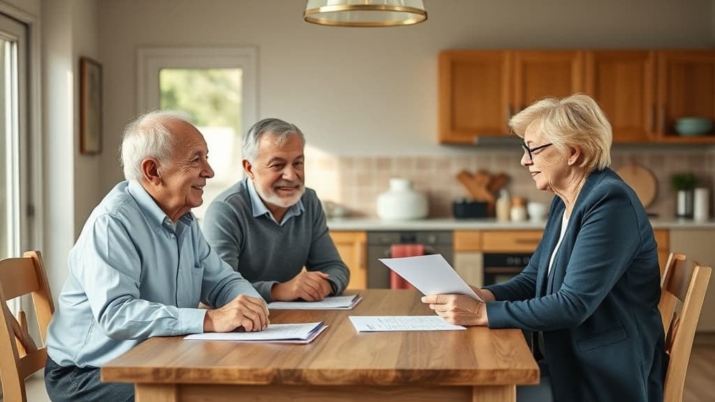 Elderly couple meeting with an aged care advisor at a kitchen table