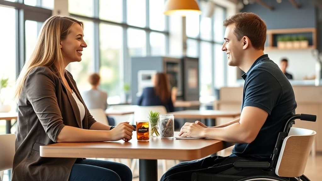 NDIS participant meeting with a support coordinator at a café