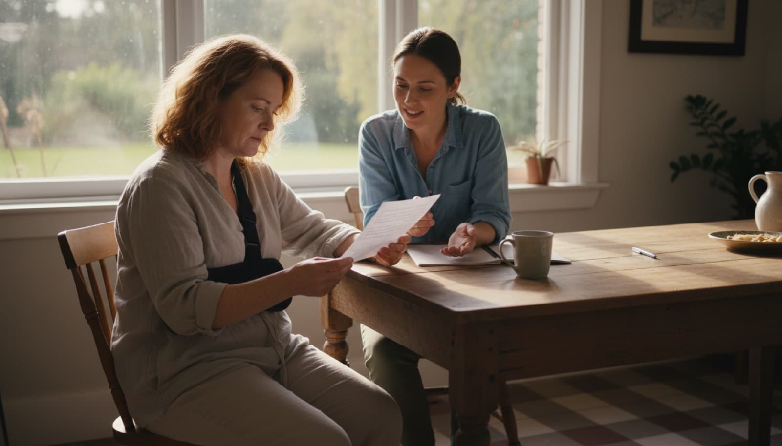 NDIS participant reading an NDIA letter at home with a support coordinator explaining the changes