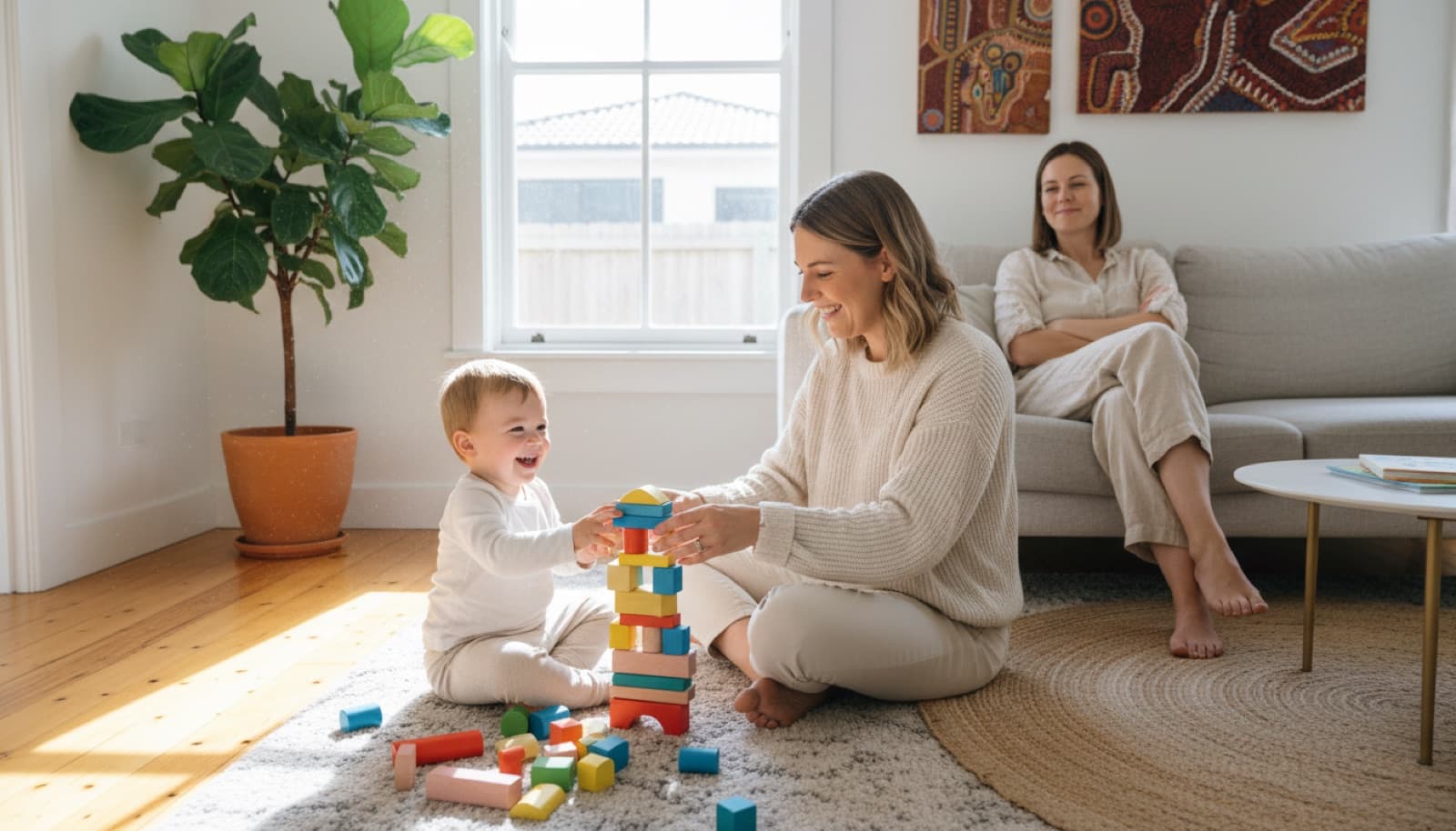 Early childhood therapist playing with a young child on the floor during a home visit