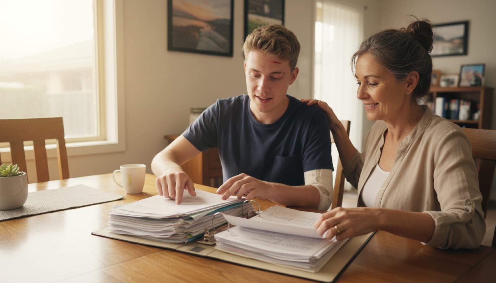 Young man with a disability and his mother preparing NDIS application documents at home