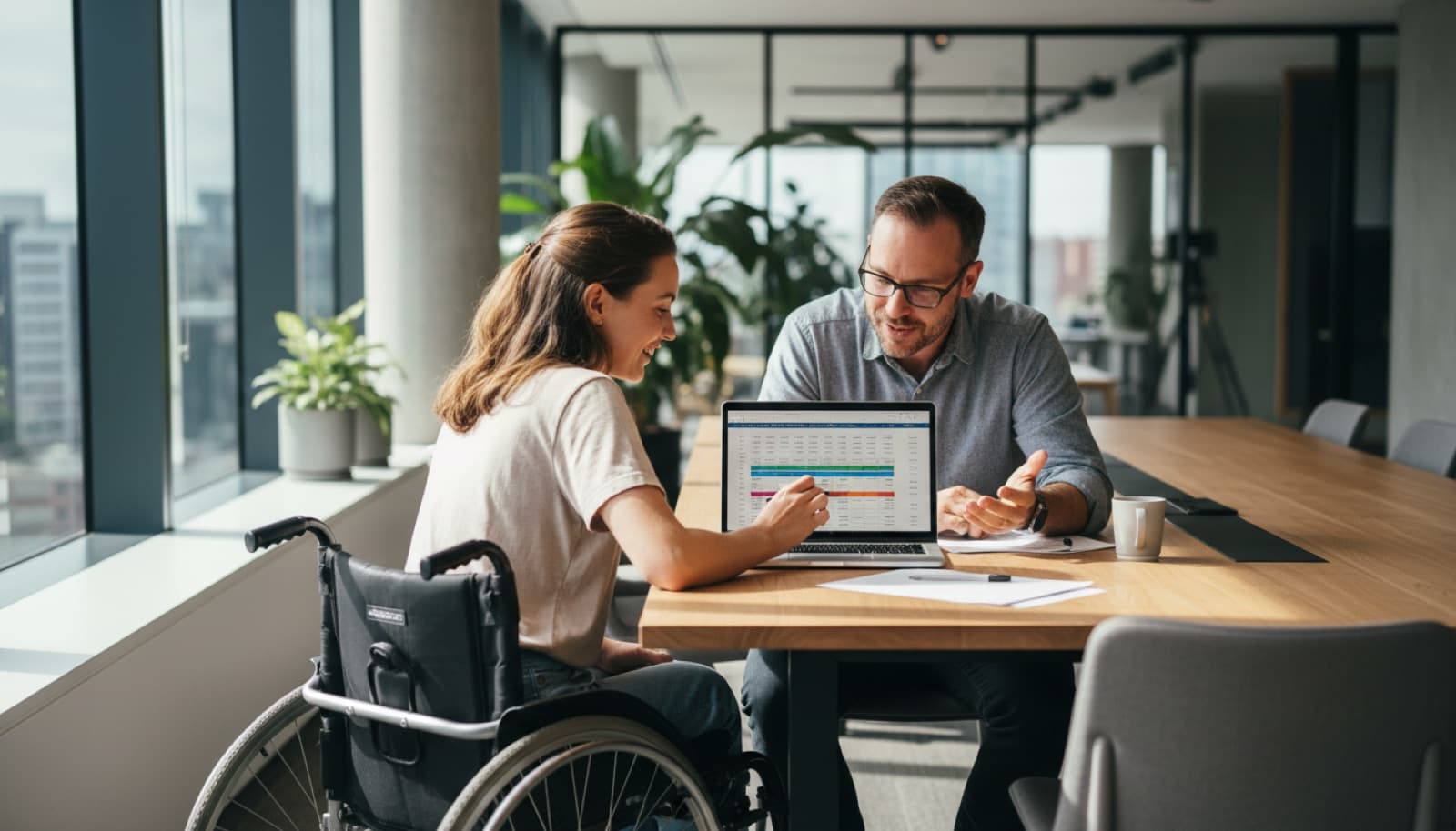 NDIS participant and support coordinator reviewing a plan budget on a laptop