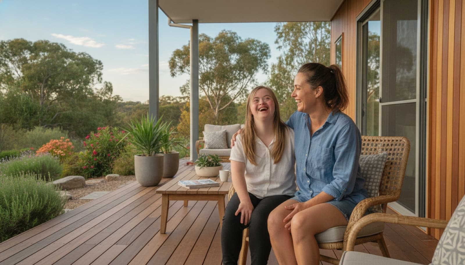 Young woman with a disability enjoying a weekend at a supported respite house with a support worker