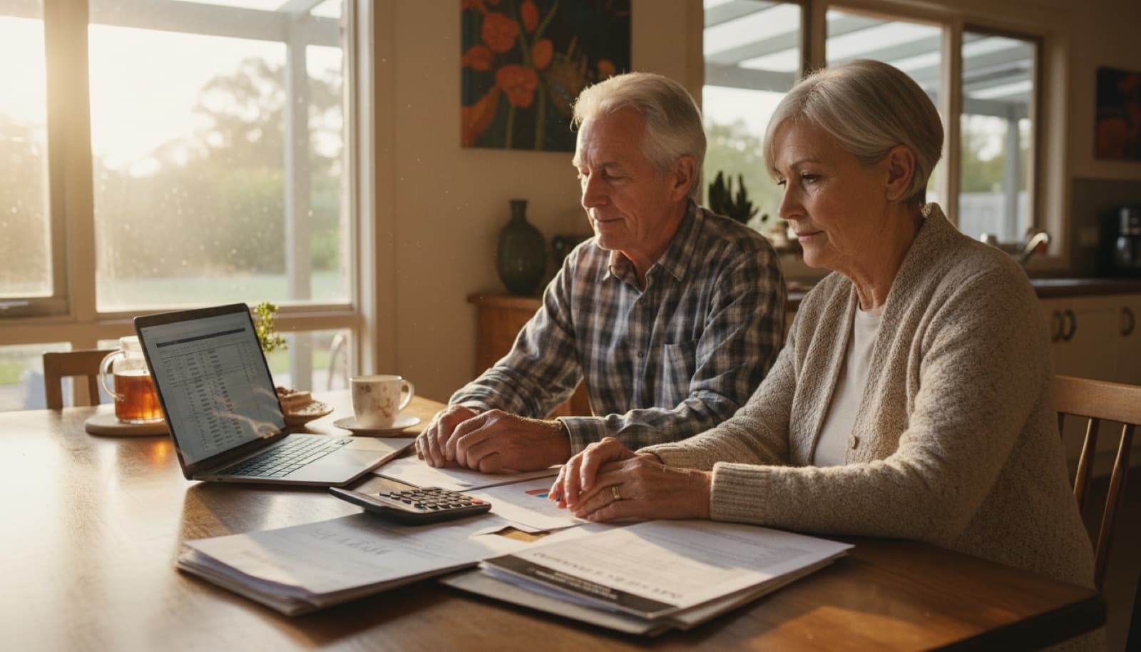Older couple at a kitchen table with a calculator and aged care accommodation paperwork