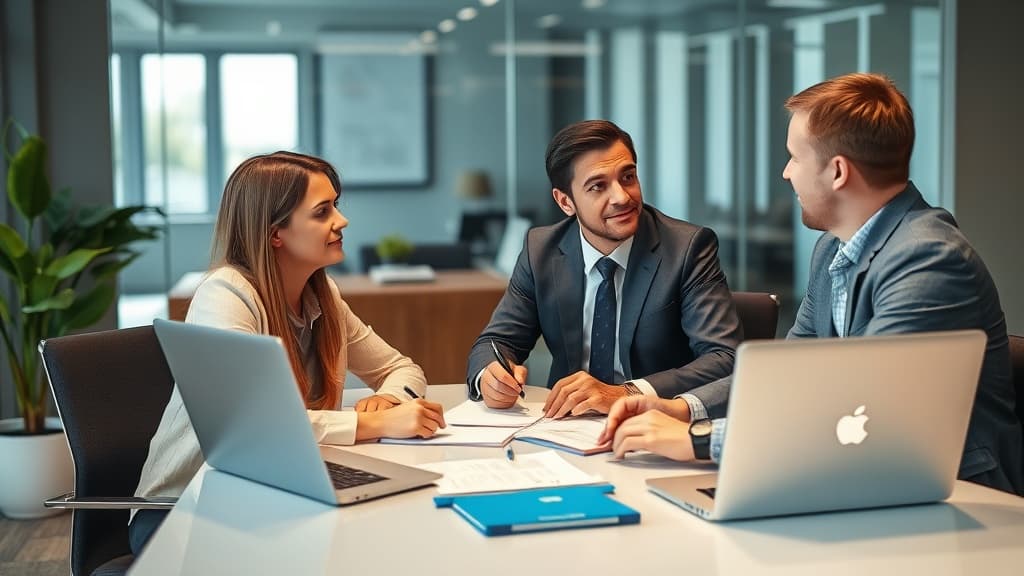 Migration agent consulting with a client in a professional office