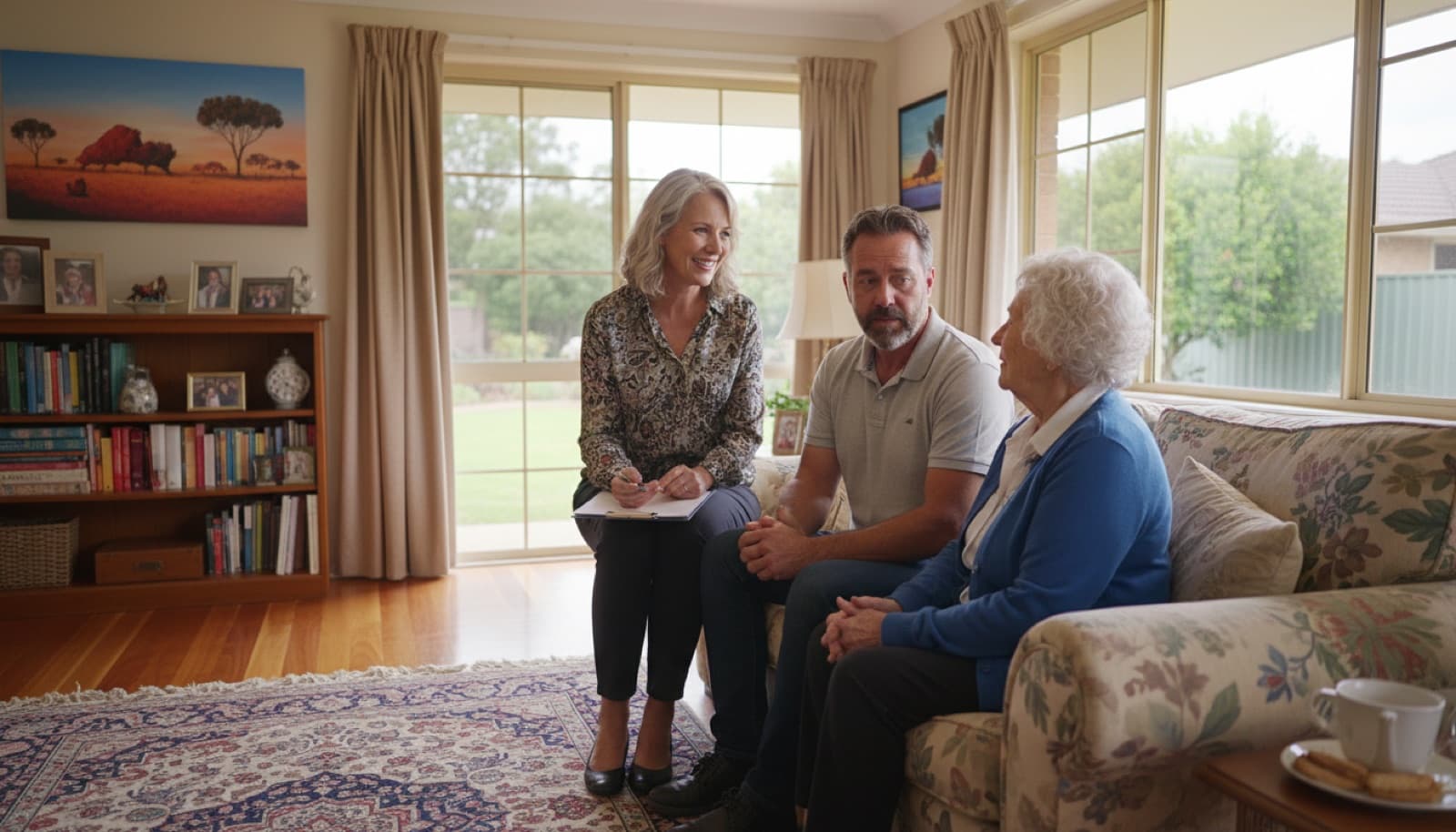 Aged care assessor talking with an elderly Australian woman and her son at home