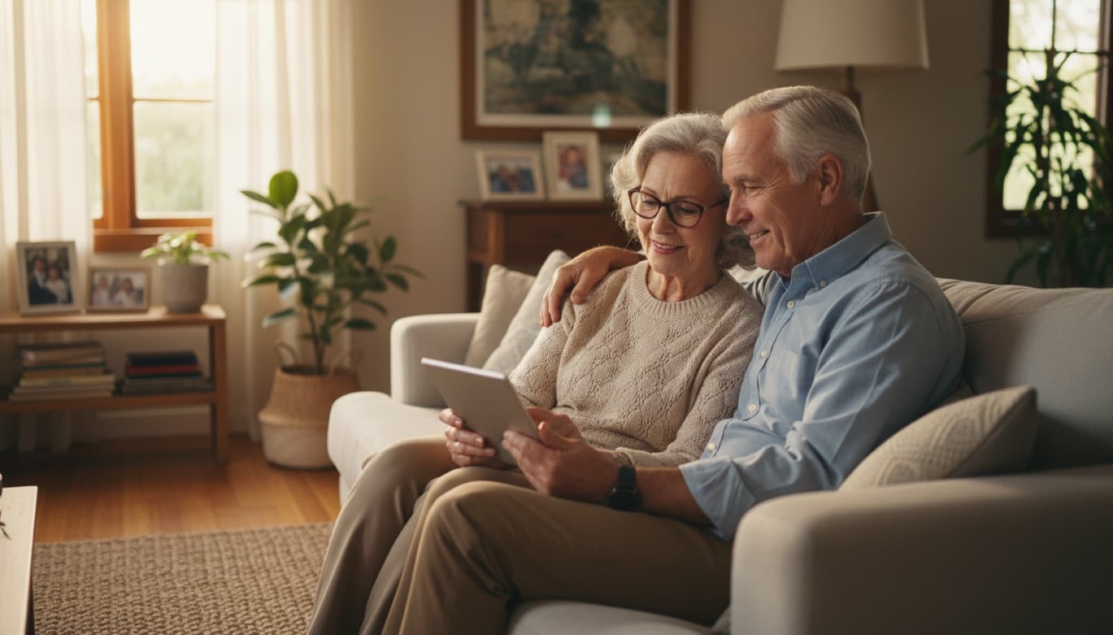 Retired Australian couple reviewing a provider price list on a tablet at home