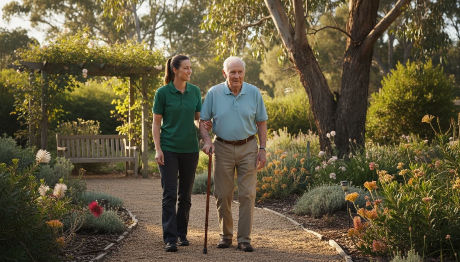 Elderly Australian man walking in his garden with a support worker beside him