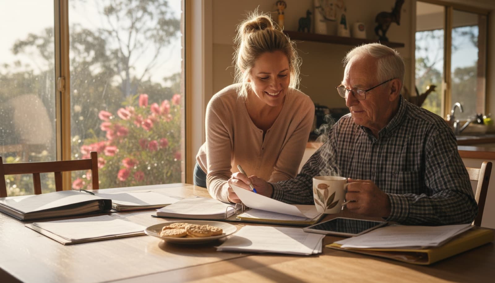 Adult daughter reviewing Support at Home paperwork with her elderly father at his kitchen table