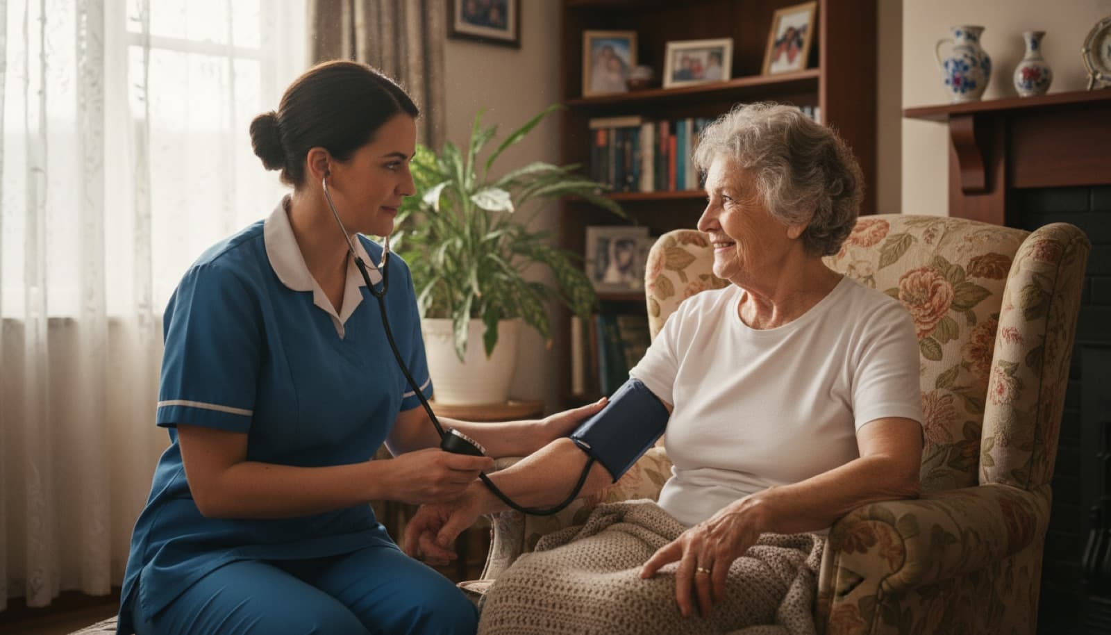 Community nurse checking blood pressure of an elderly woman in her living room