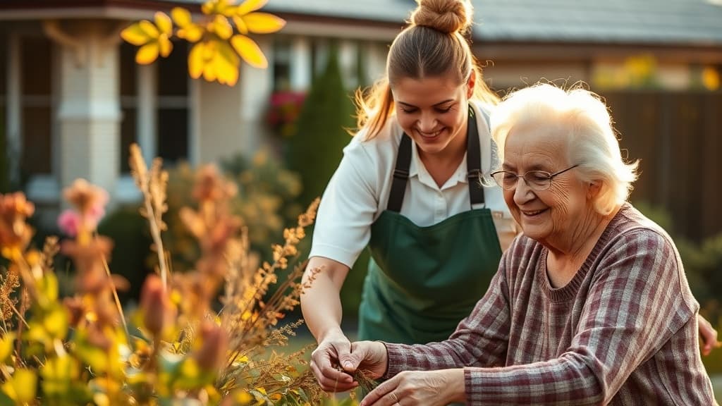 Aged care worker helping an elderly Australian woman in her home garden