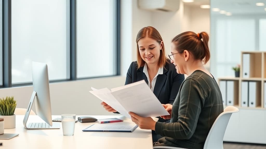 Support coordinator reviewing an NDIS plan with a participant at a desk