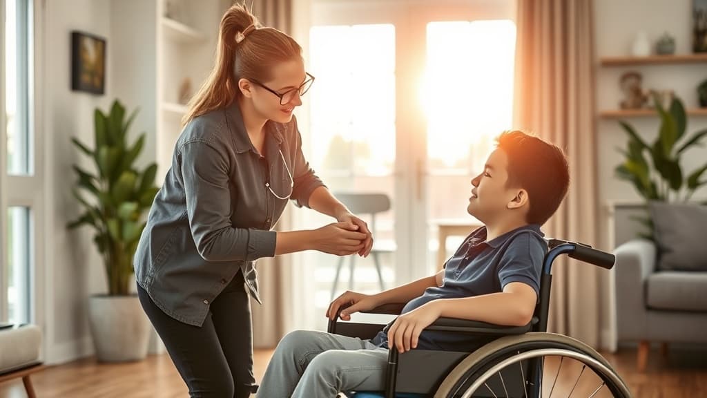 Person in wheelchair talking with a support worker in a bright Australian home