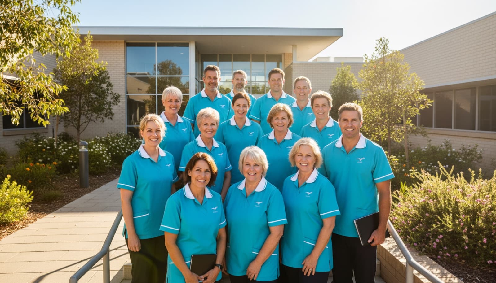 Group of new care workers in uniform outside a training college on their first day